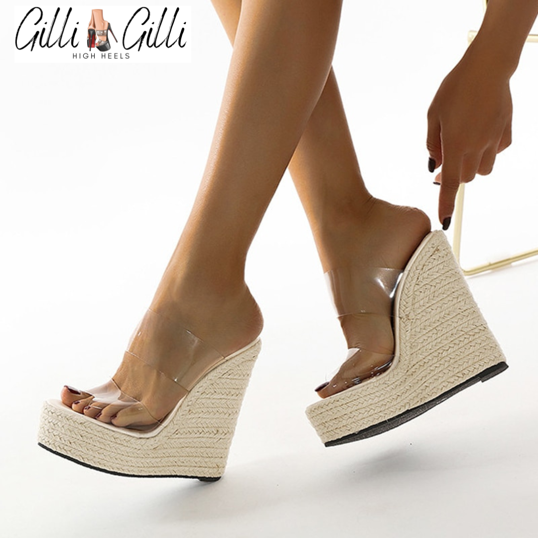Design Straw Wedge Sandals Women's High Heels Open Toe Lace up
