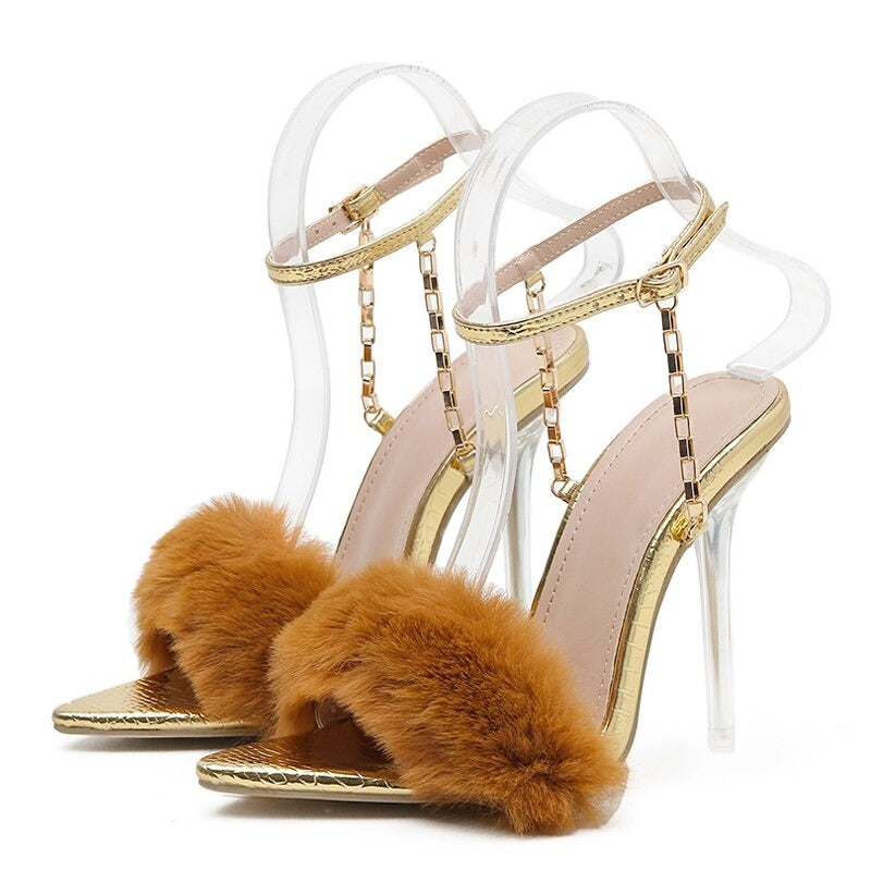 Niche design! Juxian thin! Square toe open toe metal chain high heels – Lee  Nhi Boutique