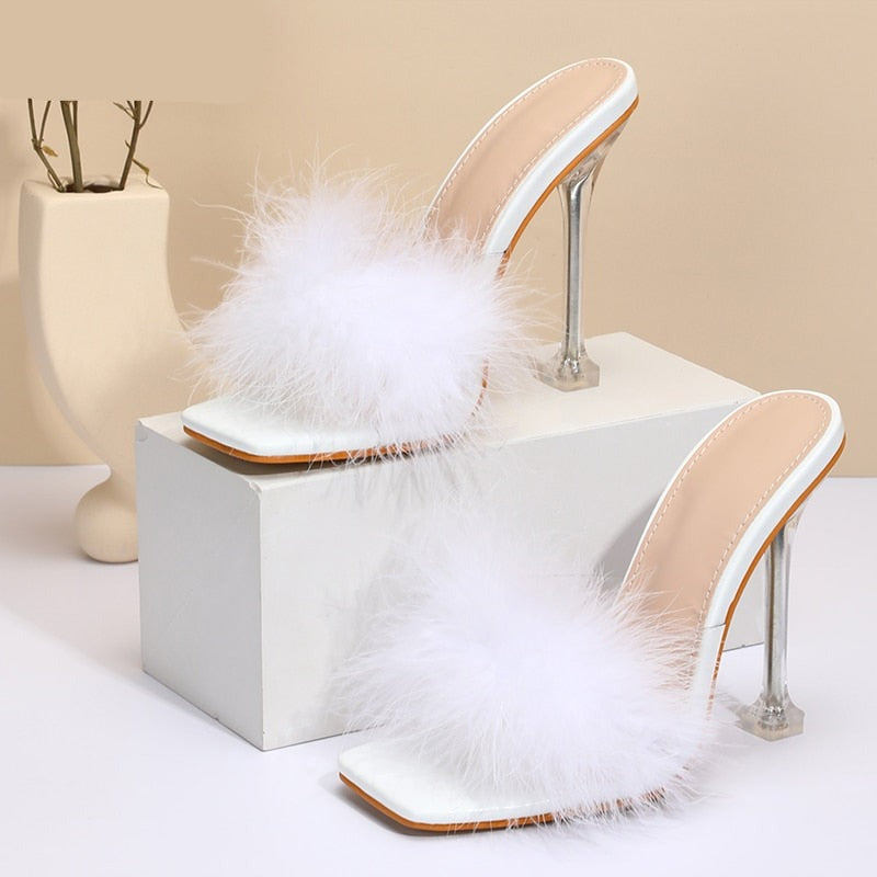 Amazon.com | COVOYYAR Women's Feather Thin High Heels Peep Toe Fur Slippers  Mules Lady Pumps Slides (6, Beige) | Mules & Clogs